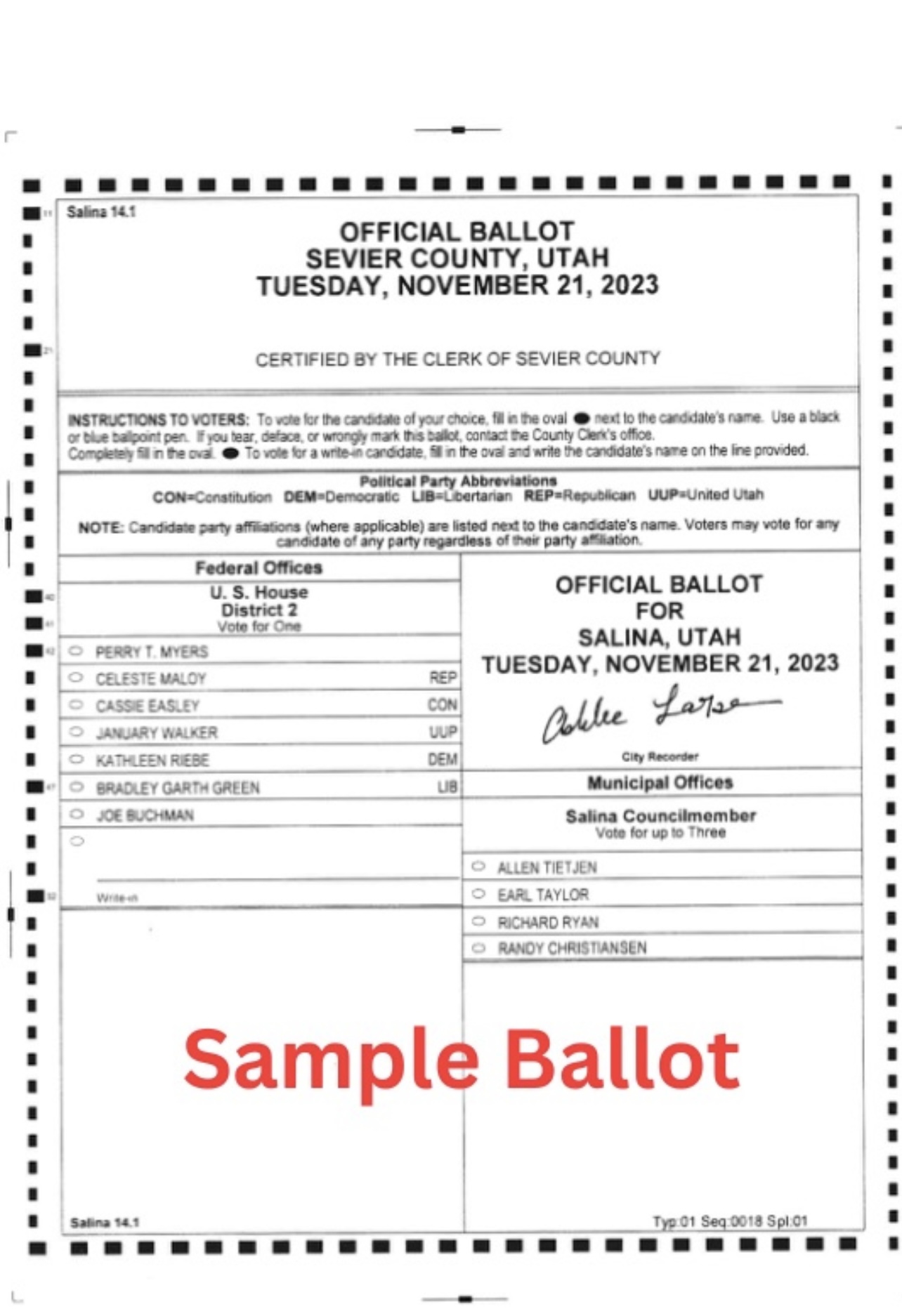 Sample Ballot for 2023 Salina City Election
